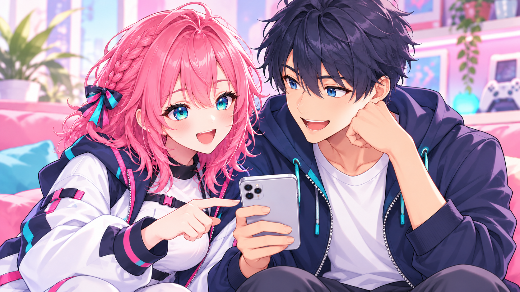 はるひと男性がスマホゲームについて笑顔で話しているイラスト